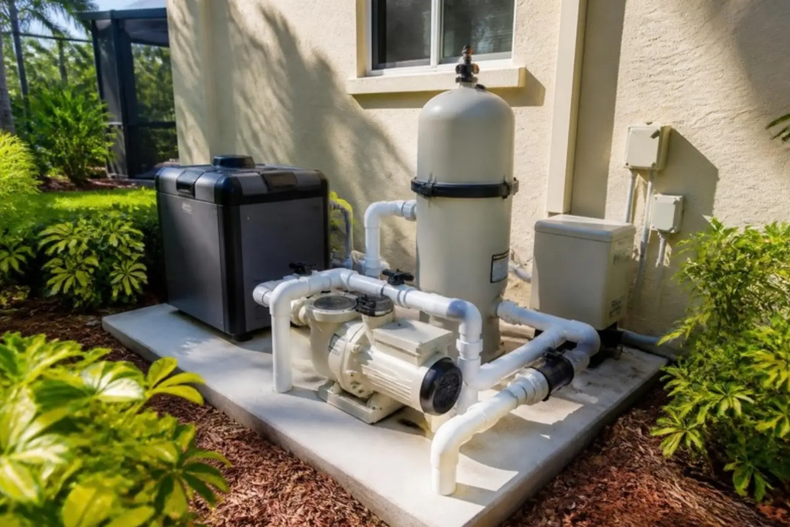 Pool equipment pad with pump, filter, heater and salt cell