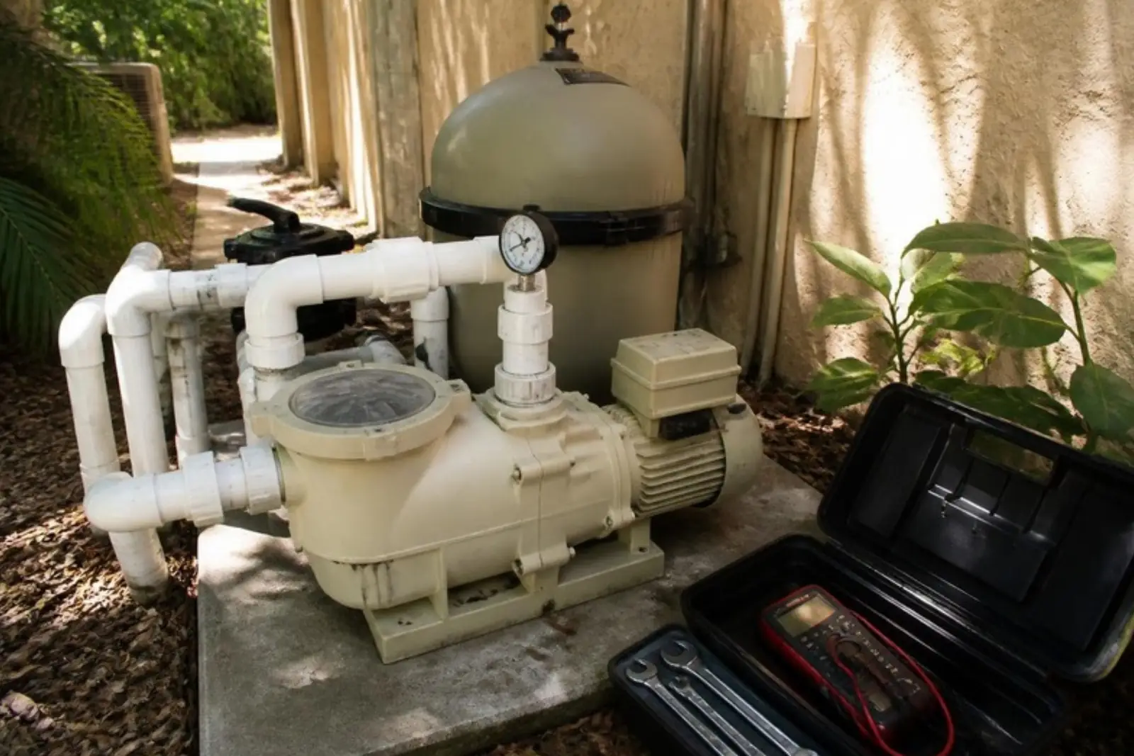 Pool pump and filter with a repair toolbox